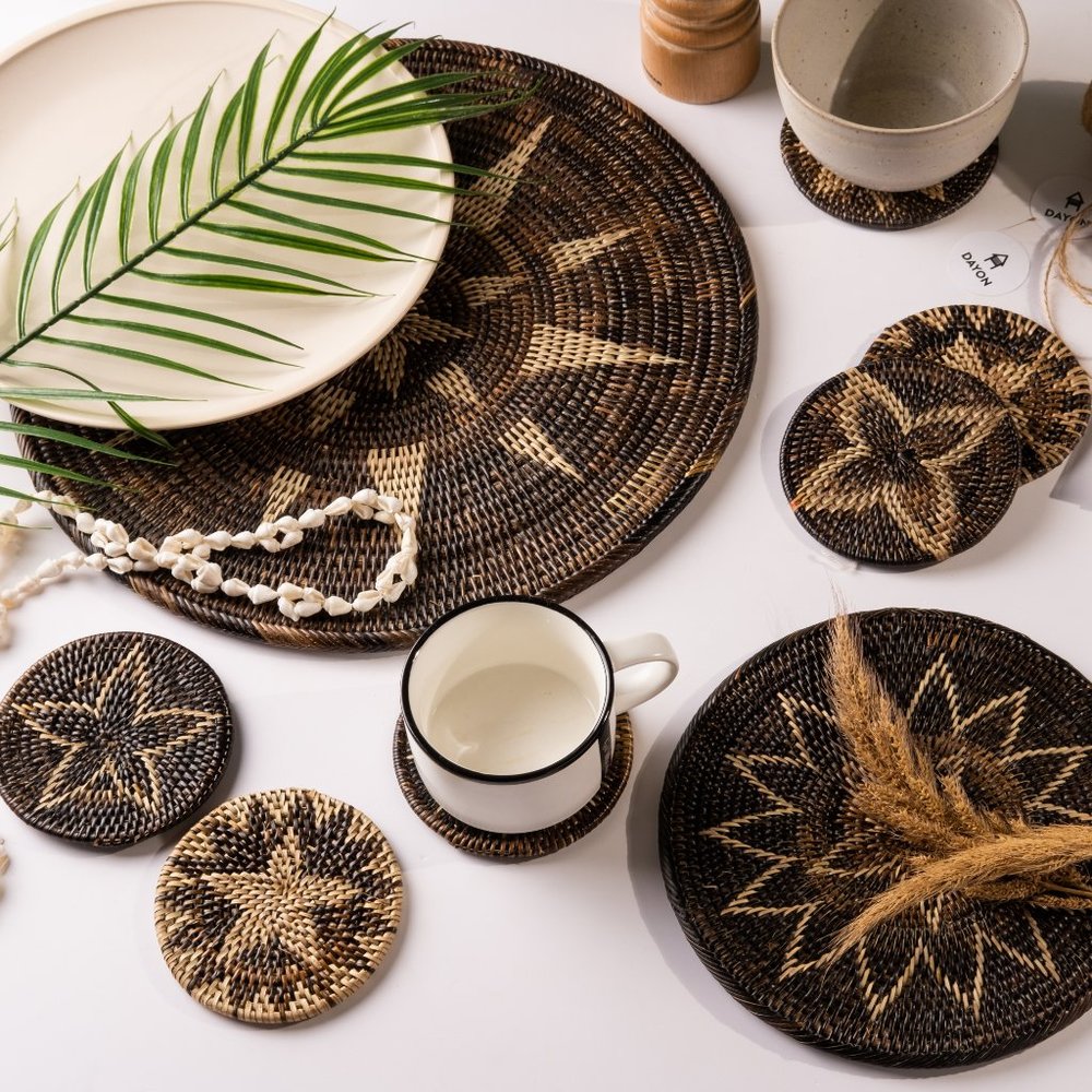 Set of 6-Piece Woven Nito Vine Coaster Set, rattan decor, wicker, boho